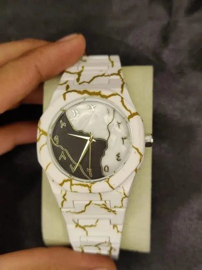 Men's Carbon Fiber White Marble Watch with Golden Design BAHADUR STORE