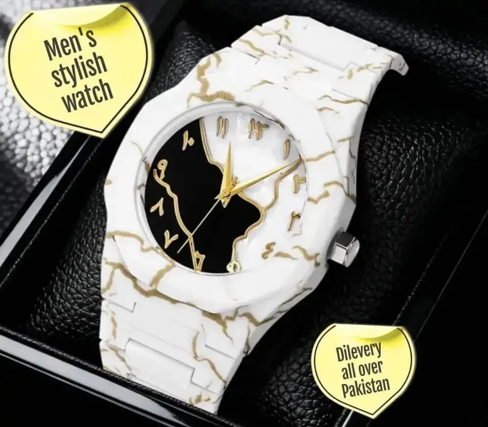 Men's Carbon Fiber White Marble Watch with Golden Design BAHADUR STORE