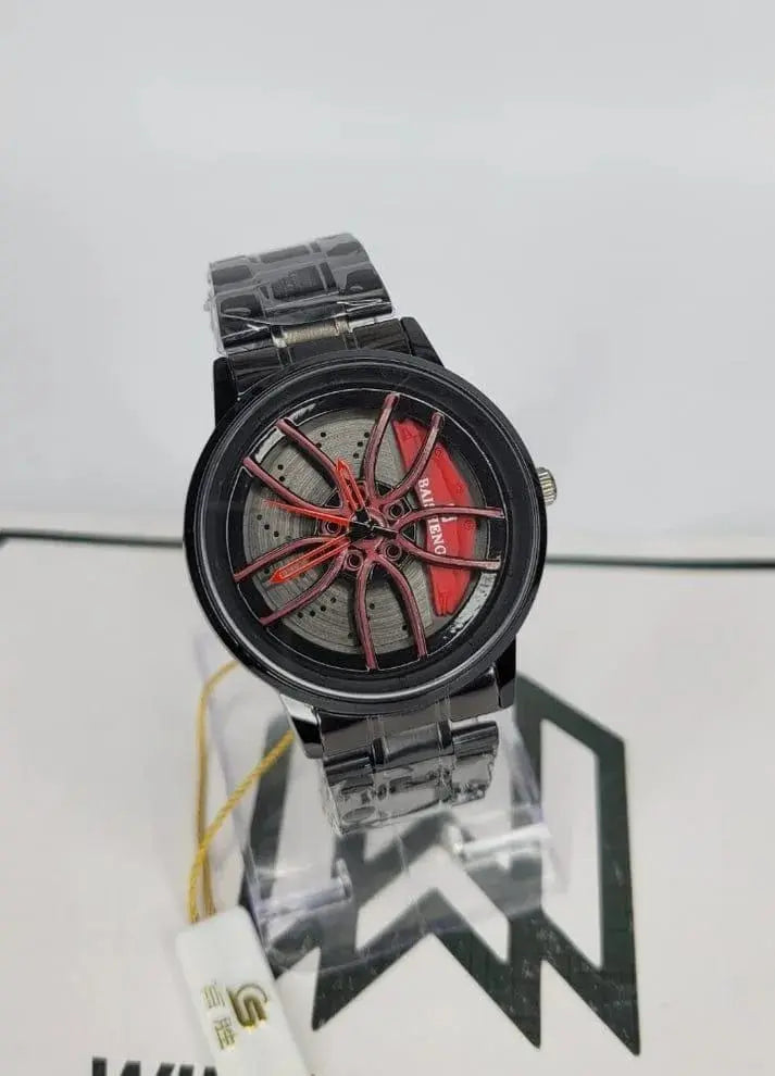 Stainless Steel Spinning Watch Red Dial Black Strap BAHADUR STORE