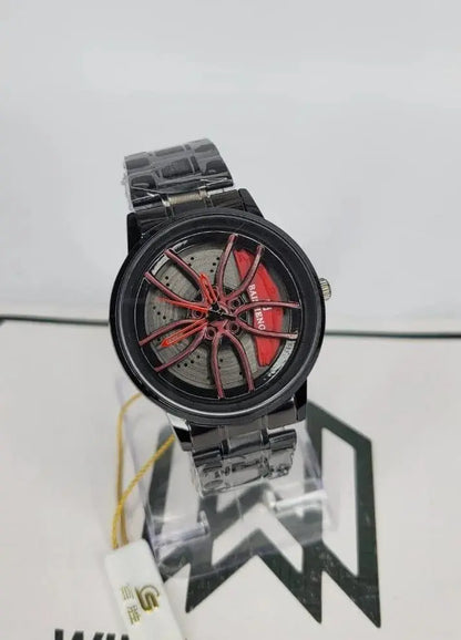 Stainless Steel Spinning Watch Red Dial Black Strap BAHADUR STORE