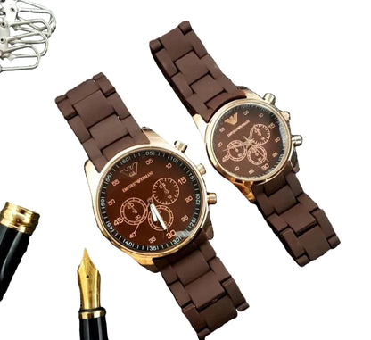 Brown Couple Chronograph Watches - Stainless Steel Round Dial BAHADUR STORE