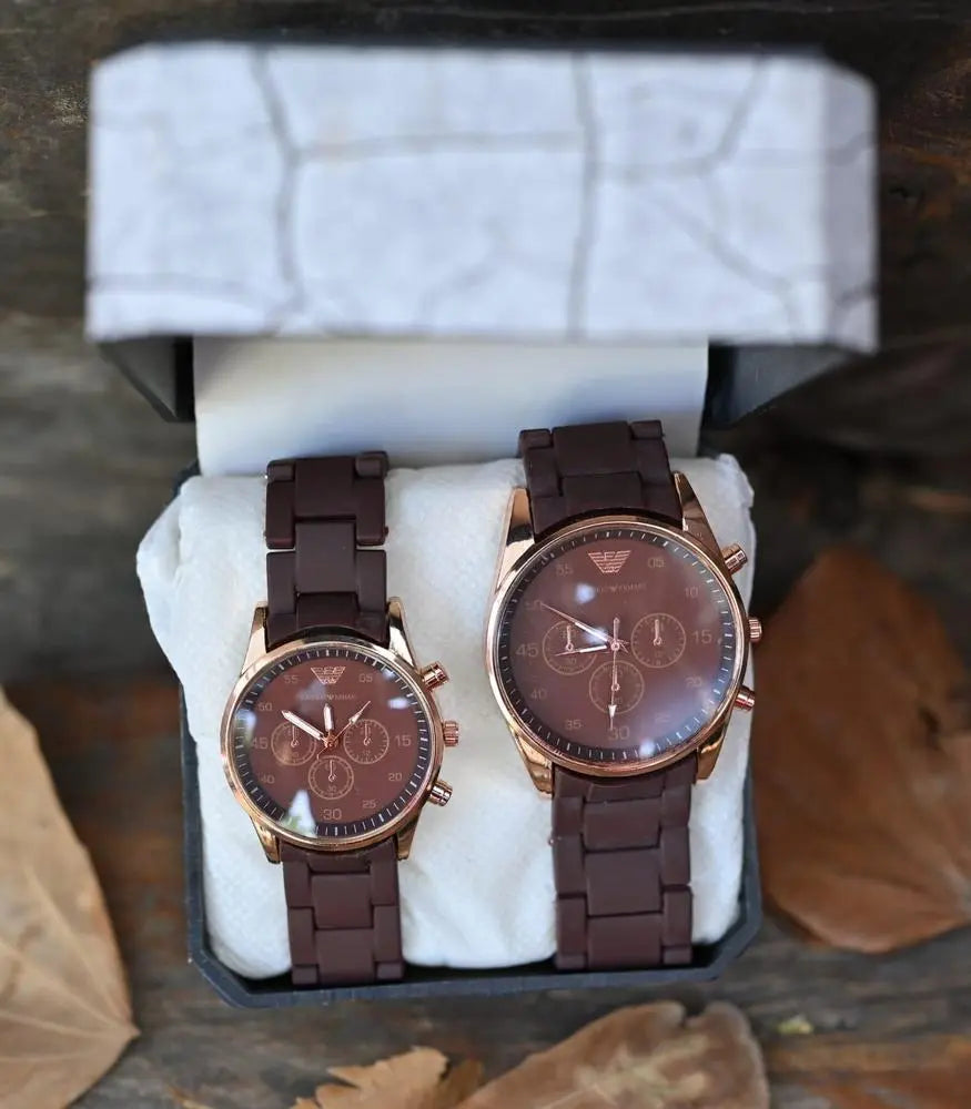 Brown Couple Chronograph Watches - Stainless Steel Round Dial BAHADUR STORE