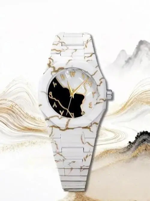 Men's Carbon Fiber White Marble Watch with Golden Design BAHADUR STORE