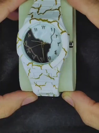 Men's Carbon Fiber White Marble Watch with Golden Design